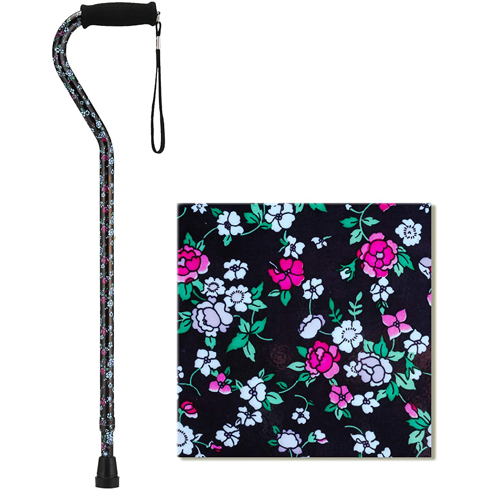 Cane with Offset Handle, Black Flowers with Swatch